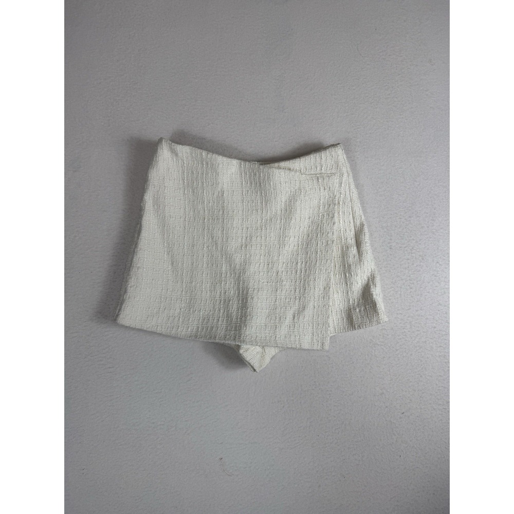 Zara Womens Textured Tweed Skort Size XS Ecru White Asymmetrical Wrap Mini XS